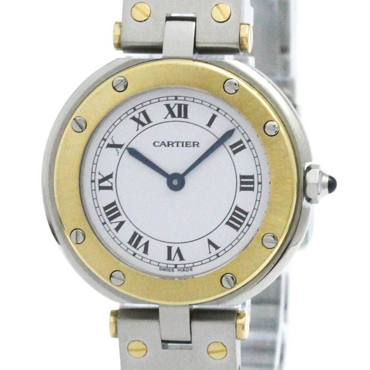 Gebrauchte CARTIER Santos Runde 18K Gold Stahl Quarz Damenuhr Poliert
