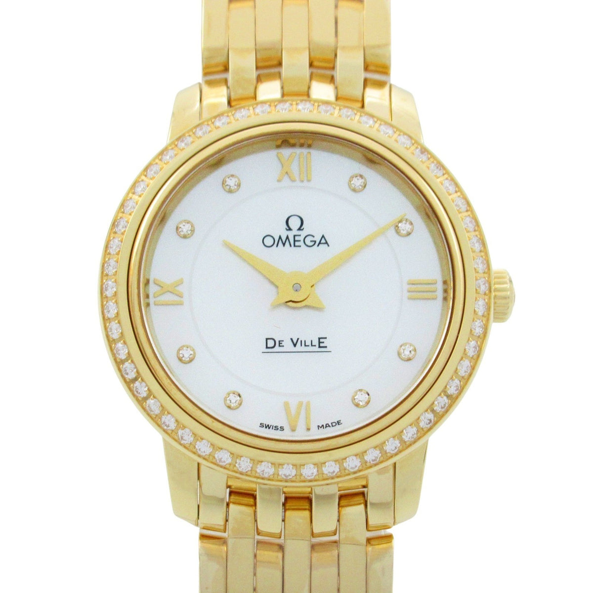 Gebrauchte OMEGA De Ville Prestige Diamant-Lünette Uhr 18 Karat Gelbgold Damen weiße Schale 424.55.24.60.55.001