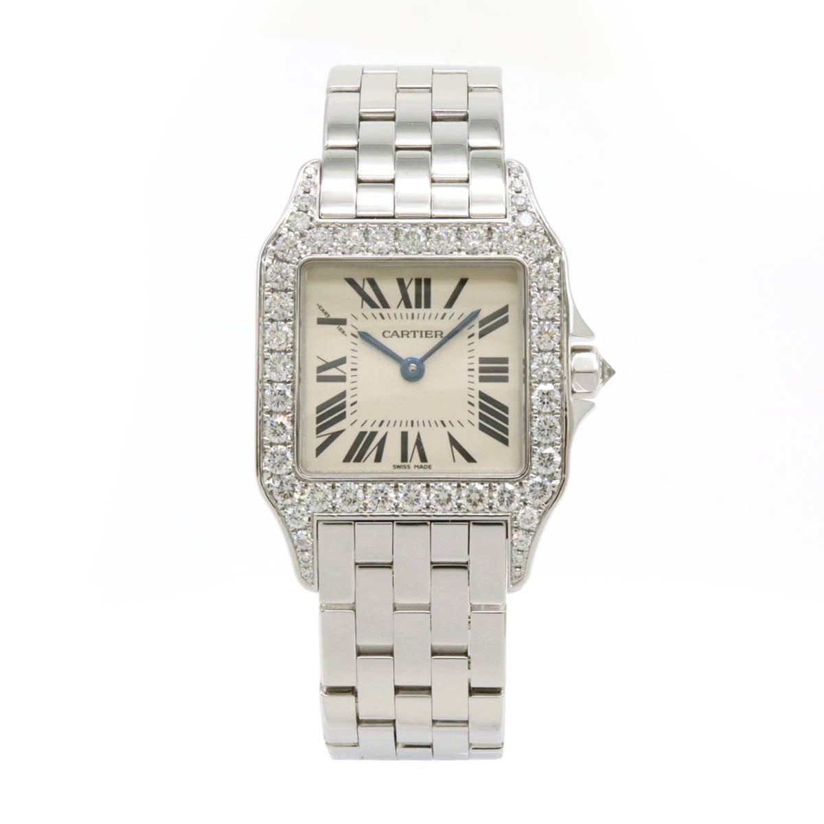 Gebrauchte Cartier Santos de LM Damen-Quarzarmbanduhr mit Lünette und Diamanten, silbernem Zifferblatt und Weißgold