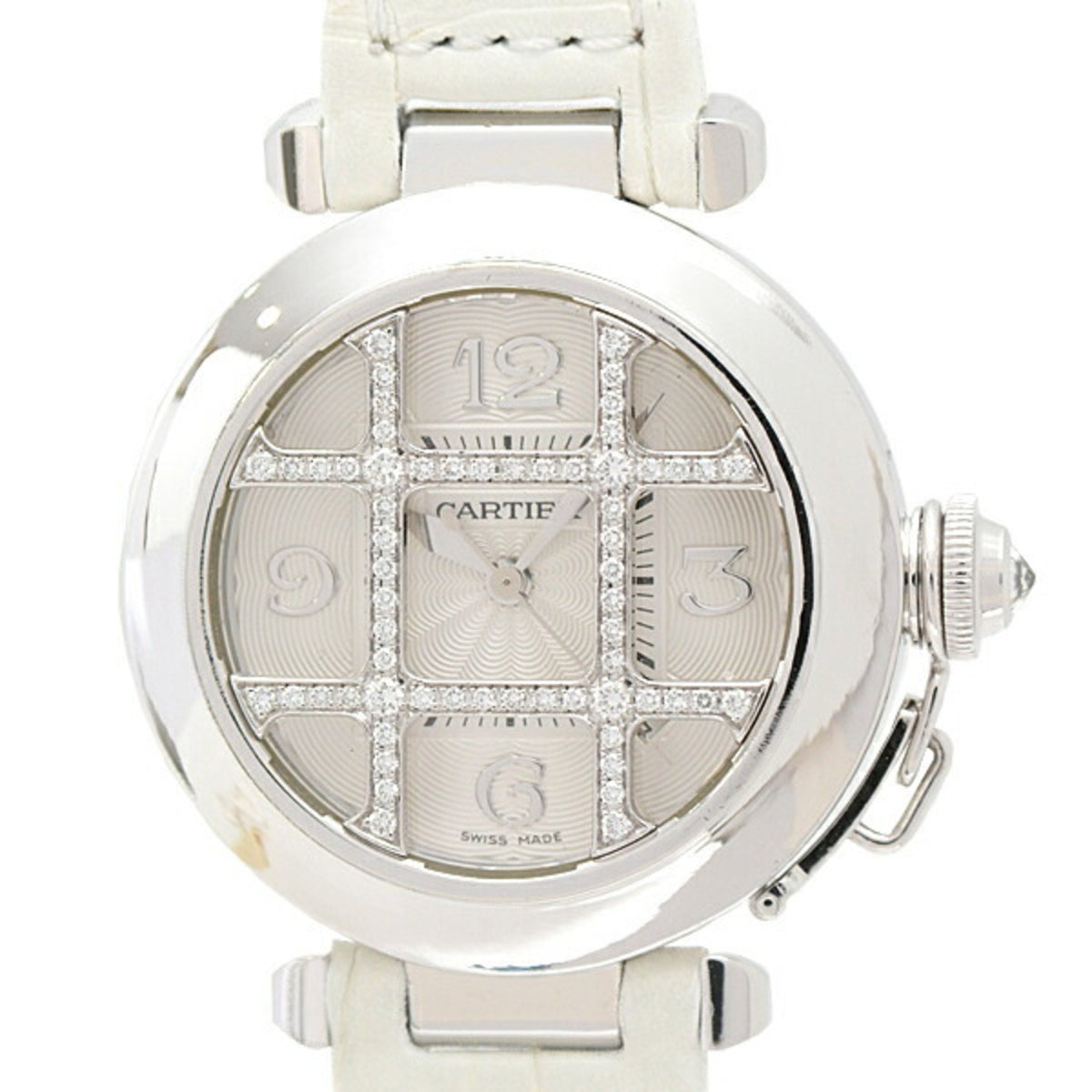 Gebrauchte Cartier Armbanduhr für Damen, Pasha, 32mm, Diamantgitter, Automatik, 750WG, silbernes Zifferblatt, WJ101456