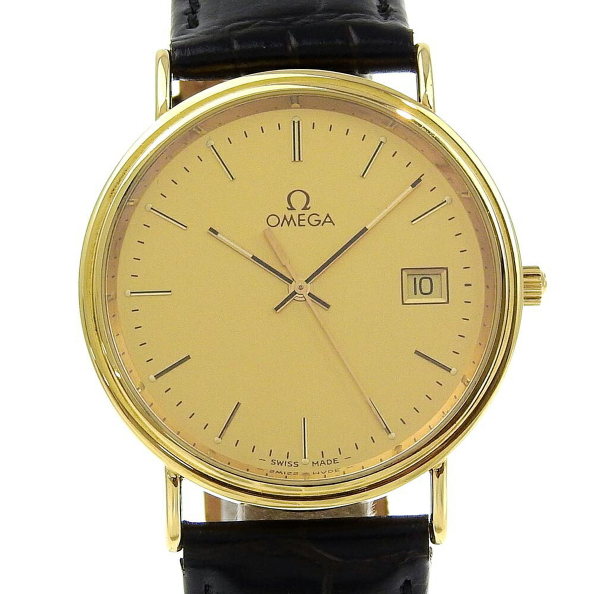 Gebrauchte OMEGA Armbanduhr Kal. 1430 K18 Gelbgold x geprägtes Leder Quarz Analoganzeige Zifferblatt Herren