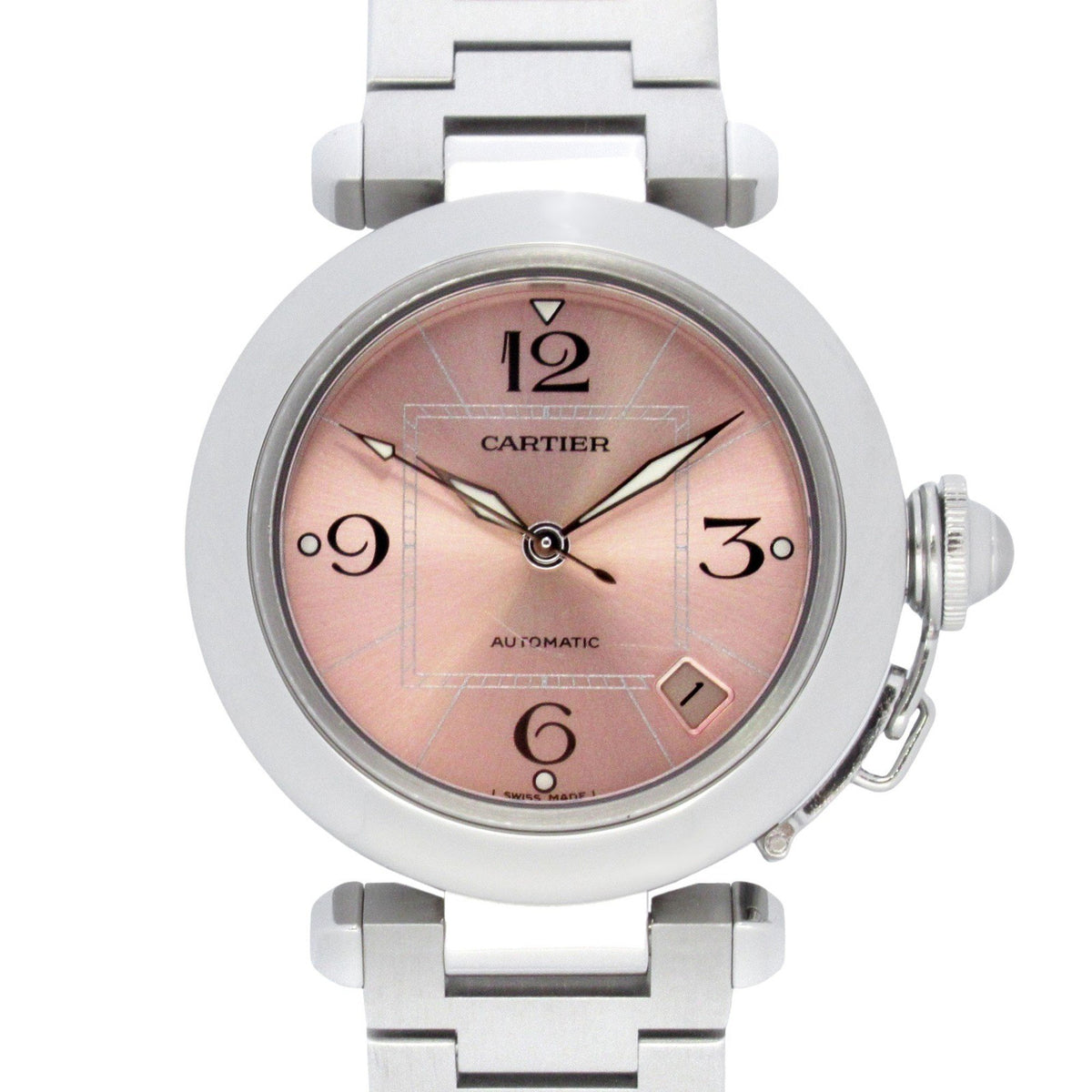 Gebrauchte Cartier Pasha C Small Date Uhr Edelstahl Jungen Pink W31075M7