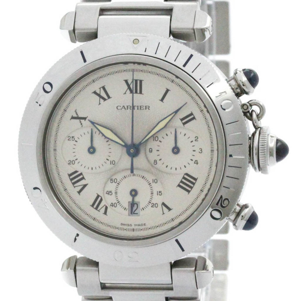 Gebrauchte polierte CARTIER Pasha 38 Chronograph Stahl Quarz Herrenuhr W31018H3 BF574125