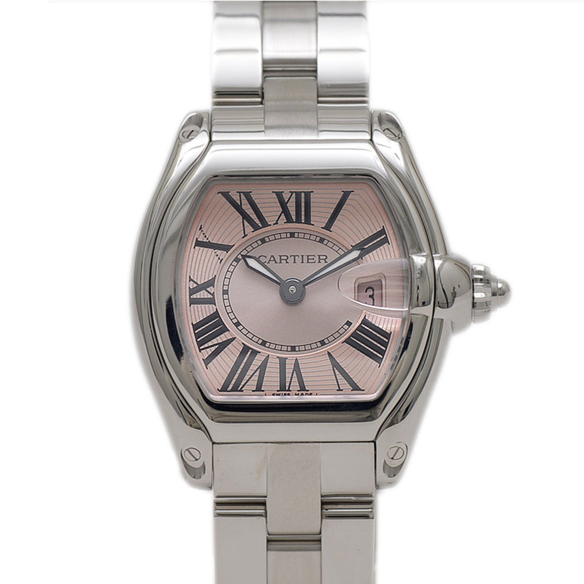 Gebrauchte Cartier Roadster SM Damenuhr mit rosa Zifferblatt W62017V3 mit Ersatzarmband BP