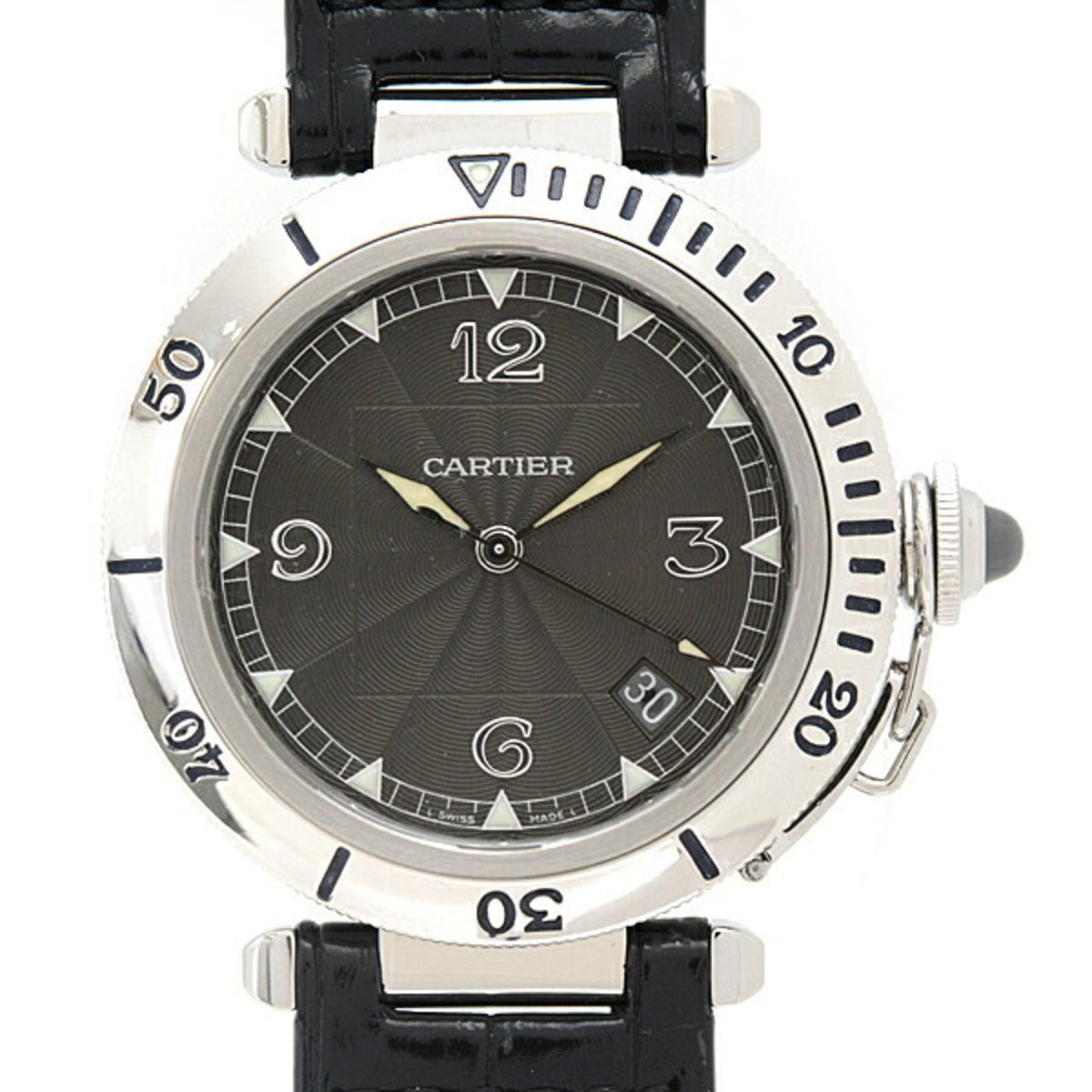 Gebrauchte Cartier Armbanduhr Herren Pasha Grid 38mm Automatik Schwarzes Zifferblatt Edelstahl Platin W3105255