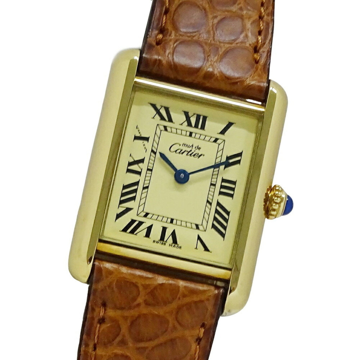 Gebrauchte Cartier Damenuhr Must Tank SM Vermeil Quarz 925 Leder W1017354 Quadratisch