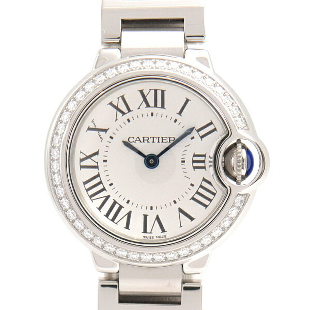 Gebrauchte Cartier Damenuhr Ballon Bleu SM Diamantlünette batteriebetrieben silbernes Zifferblatt Edelstahl SS W4BB0015