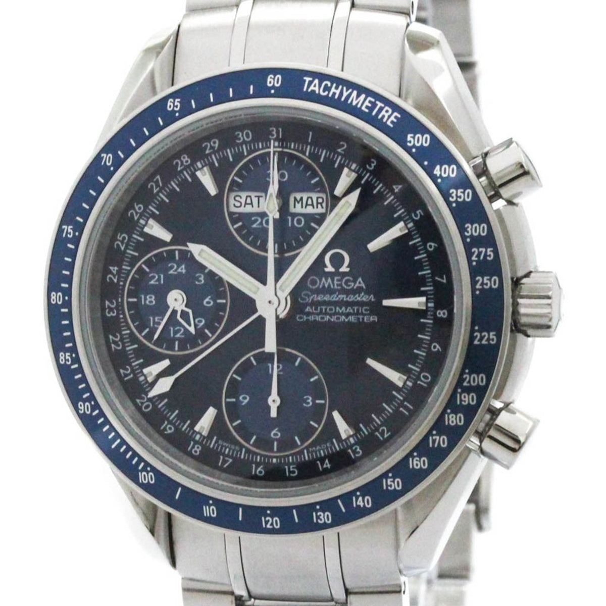 Gebrauchte, polierte OMEGA Speedmaster Day Date Stahl Automatik Herrenuhr 3222.80