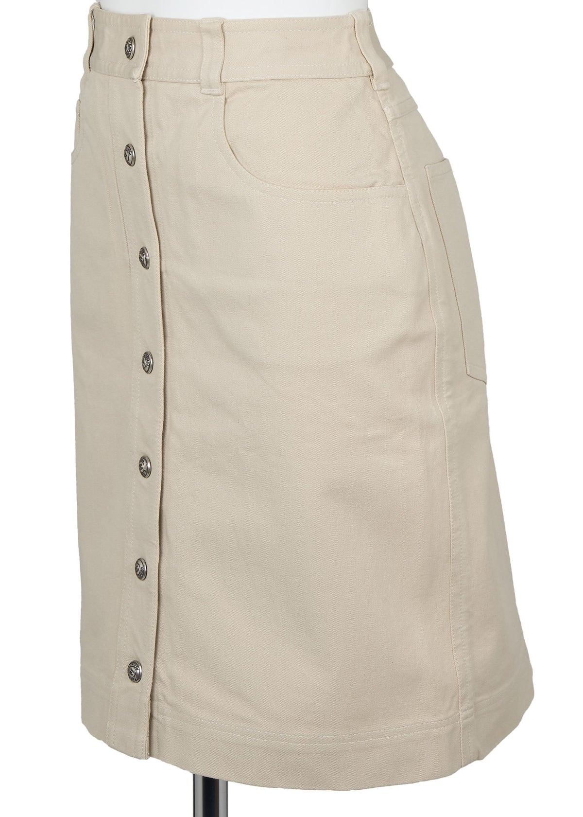 Gebrauchter Minirock, Coco-Knopf, Baumwollmischung, Beige, silberfarbene Metallteile, gebraucht