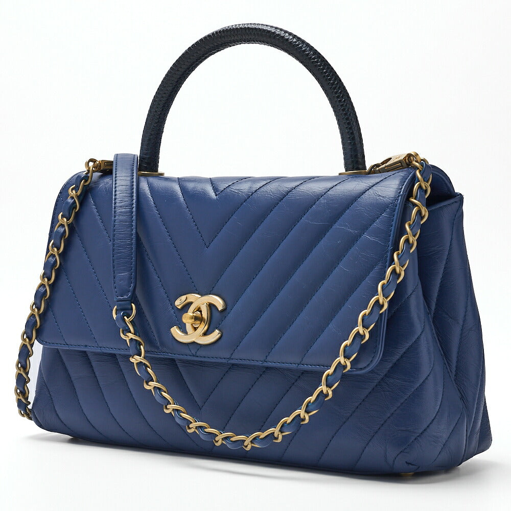 Gebrauchte 2WAY Handtasche V Stitch Coco Henkel Kalbsleder Blau Goldfarbene Hardware Gebraucht