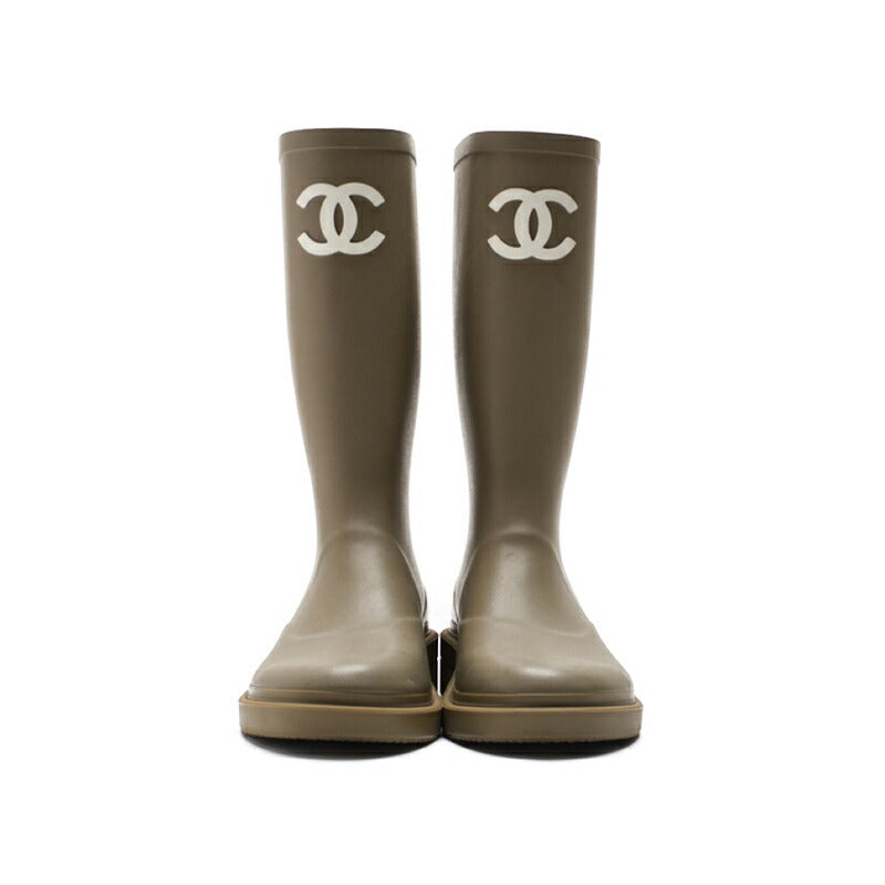 Gebrauchte Gummistiefel, Coco Mark, Gummi, Khaki, Goldfarbene Metallteile, Gebraucht