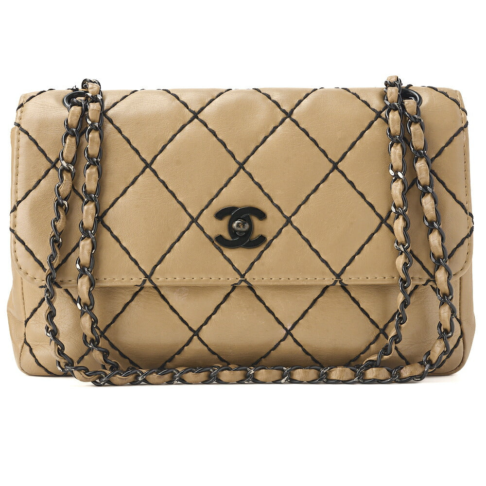 Pre-Owned Schultertasche, Matelasse Wild Stitch, Kalbsleder, Beige, Schwarze Beschläge, Goldfarbene Metallteile, Pre-Owned