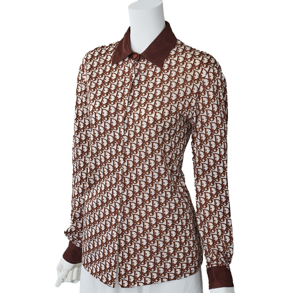 Pre-Owned Trotter Hemd Bluse Langarm Baumwolle Weiß Braun Goldfarbene Hardware Pre-Owned