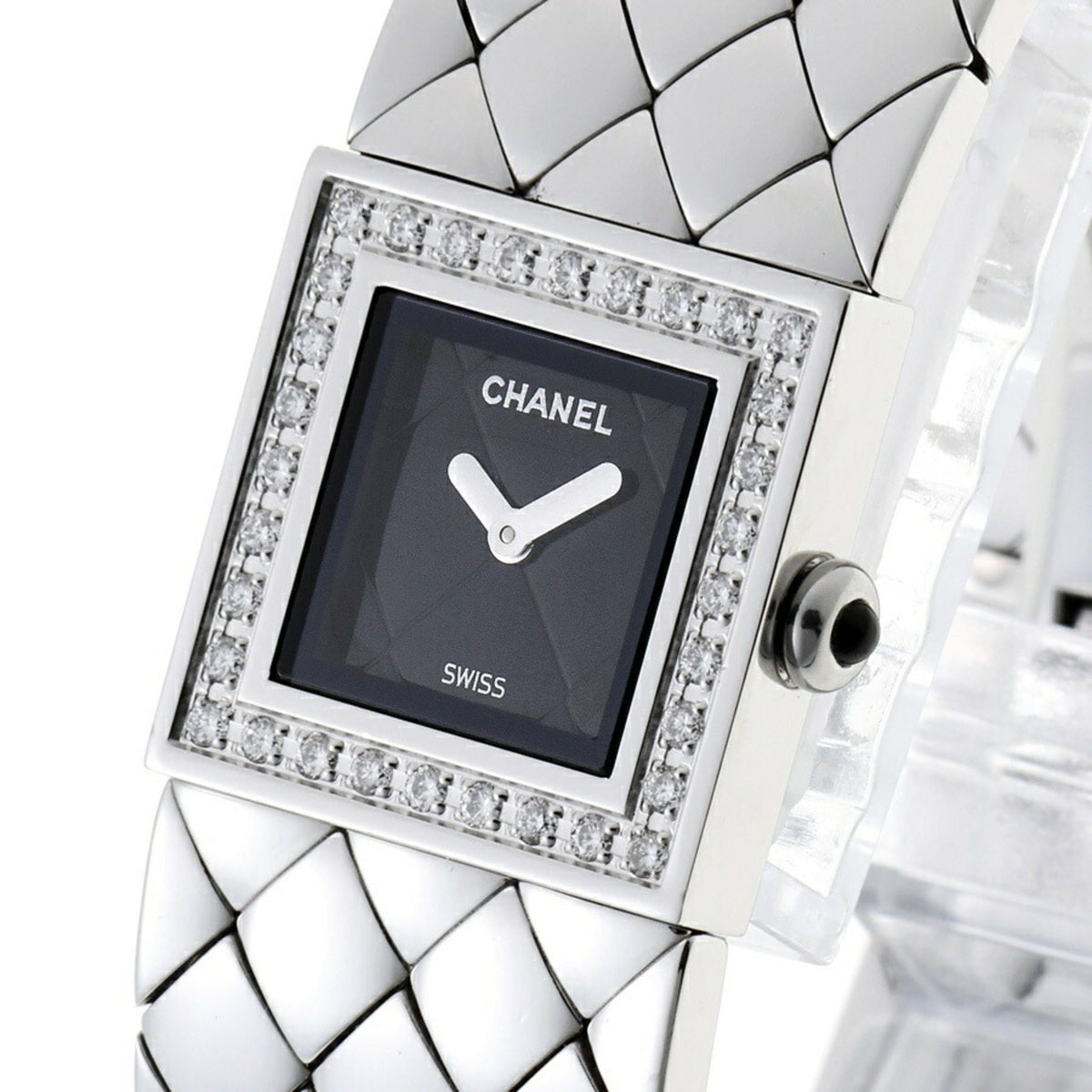 Gebrauchte CHANEL Matelassé Diamantlünette H0489 Schwarze Quarzuhr A-158483 