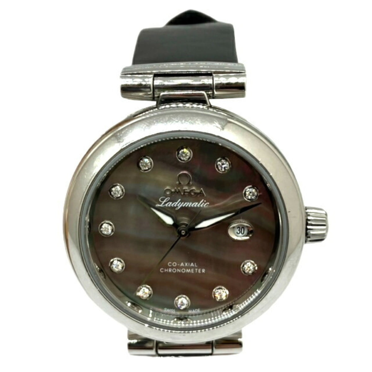 Gebrauchte OMEGA Omega De Ville Ladymatic SS 425.32.34 Uhr Automatik Shell Zifferblatt 12P Diamant Durchsichtige Rückseite Skelett Schwarzes Leder Fashion Ladies 