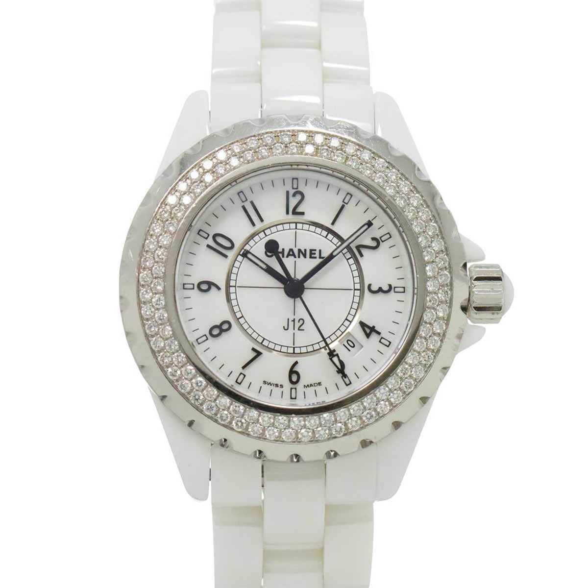 Pre-Owned CHANEL J12 33mm H0967 Women's Diamond Bezel Date White Ceramic Quartz Watch