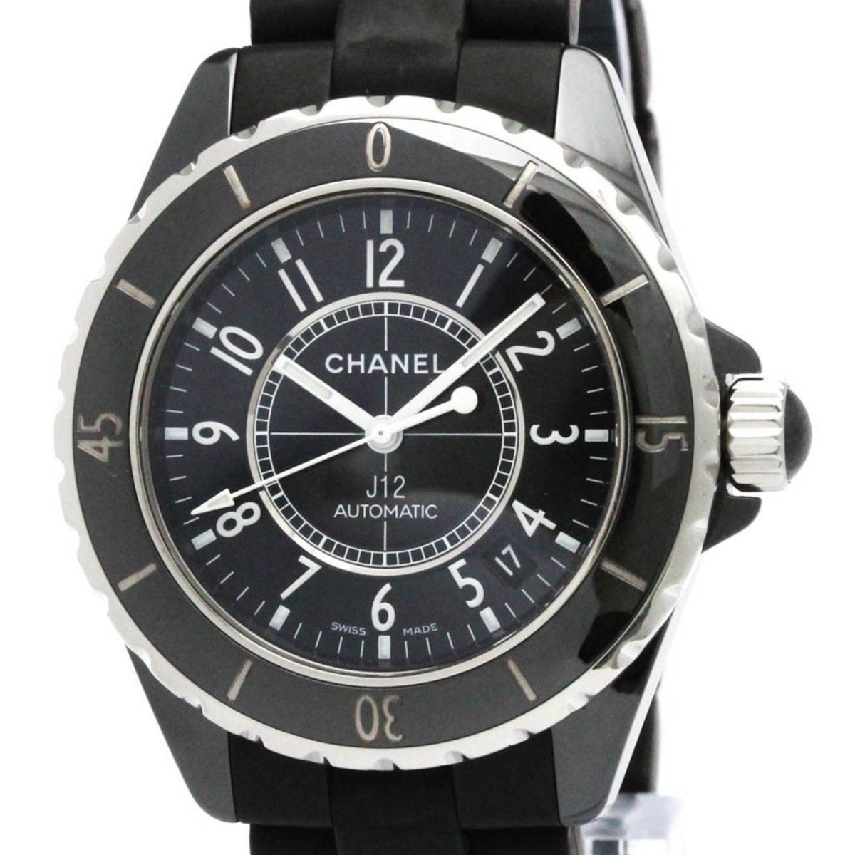 Pre-Owned CHANEL J12 Ceramic Rubber Automatic Mens Watch H0684 Polished