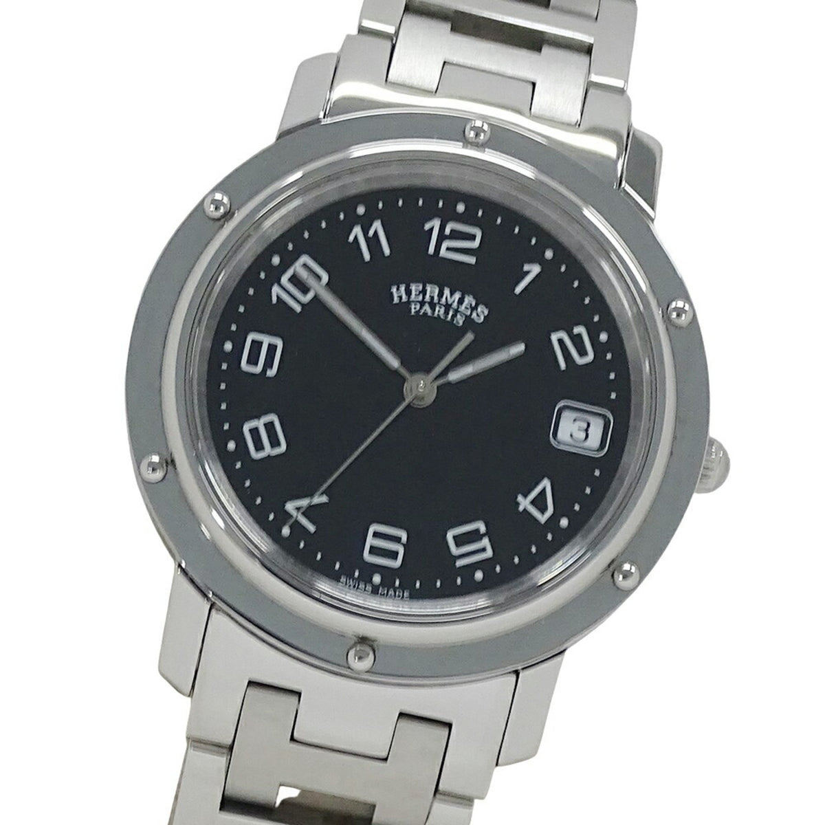 Gebrauchte Hermes HERMES Uhr Herren Clipper Date Quarz Edelstahl SS CL6.710 Silber Schwarz Poliert 