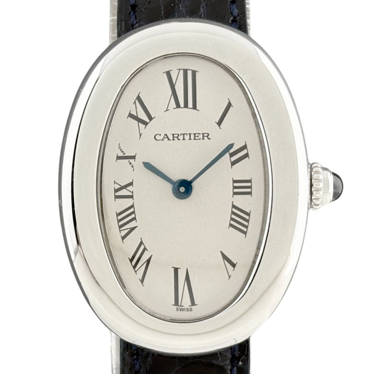 Pre-Owned Cartier Baignoire W1516856 Watch, White Gold, Leather Strap, Quartz, Gray, Women's.