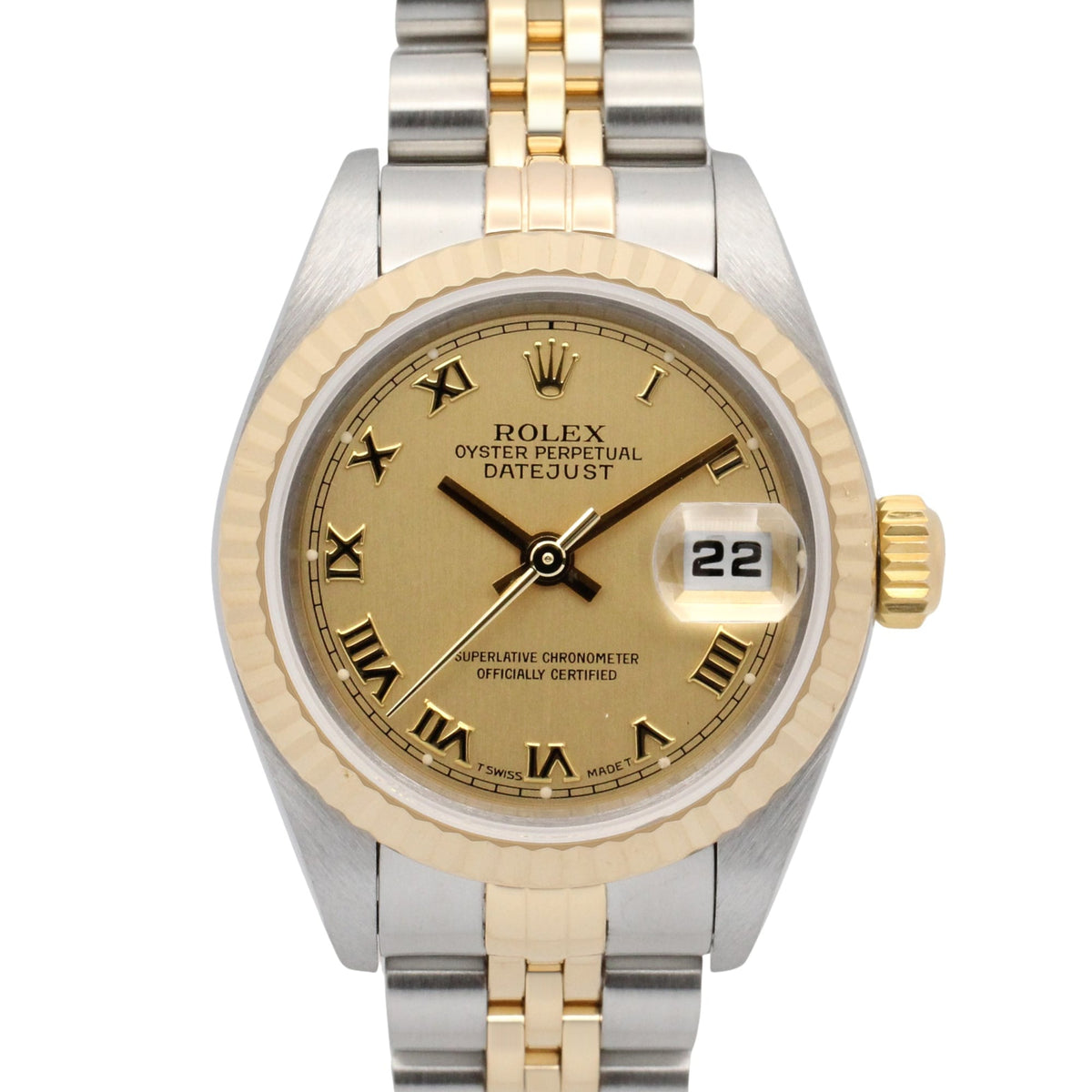 Pre-Owned Rolex Datejust Y-serial watch, 18K (yellow gold) stainless steel, ladies', gold-tone champagne color, Roman numerals, 79173