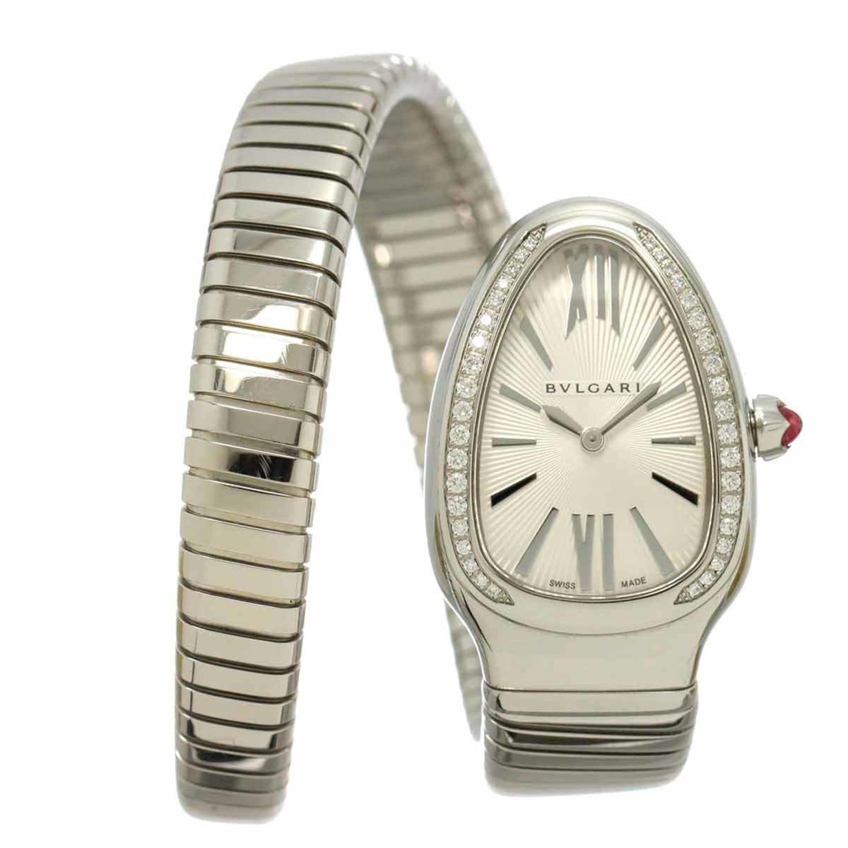 Pre-Owned BVLGARI Serpenti SP35S Diamond Bezel Women's Silver Quartz Watch