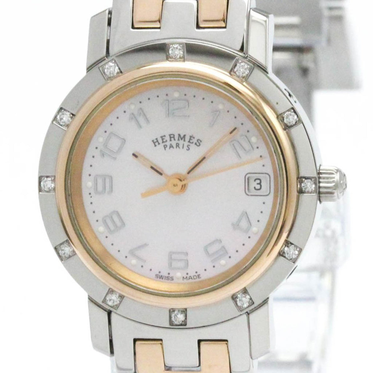 Gebrauchte HERMES Clipper Diamond Pink MOP Zifferblatt Quarzuhr CL4.222 poliert 