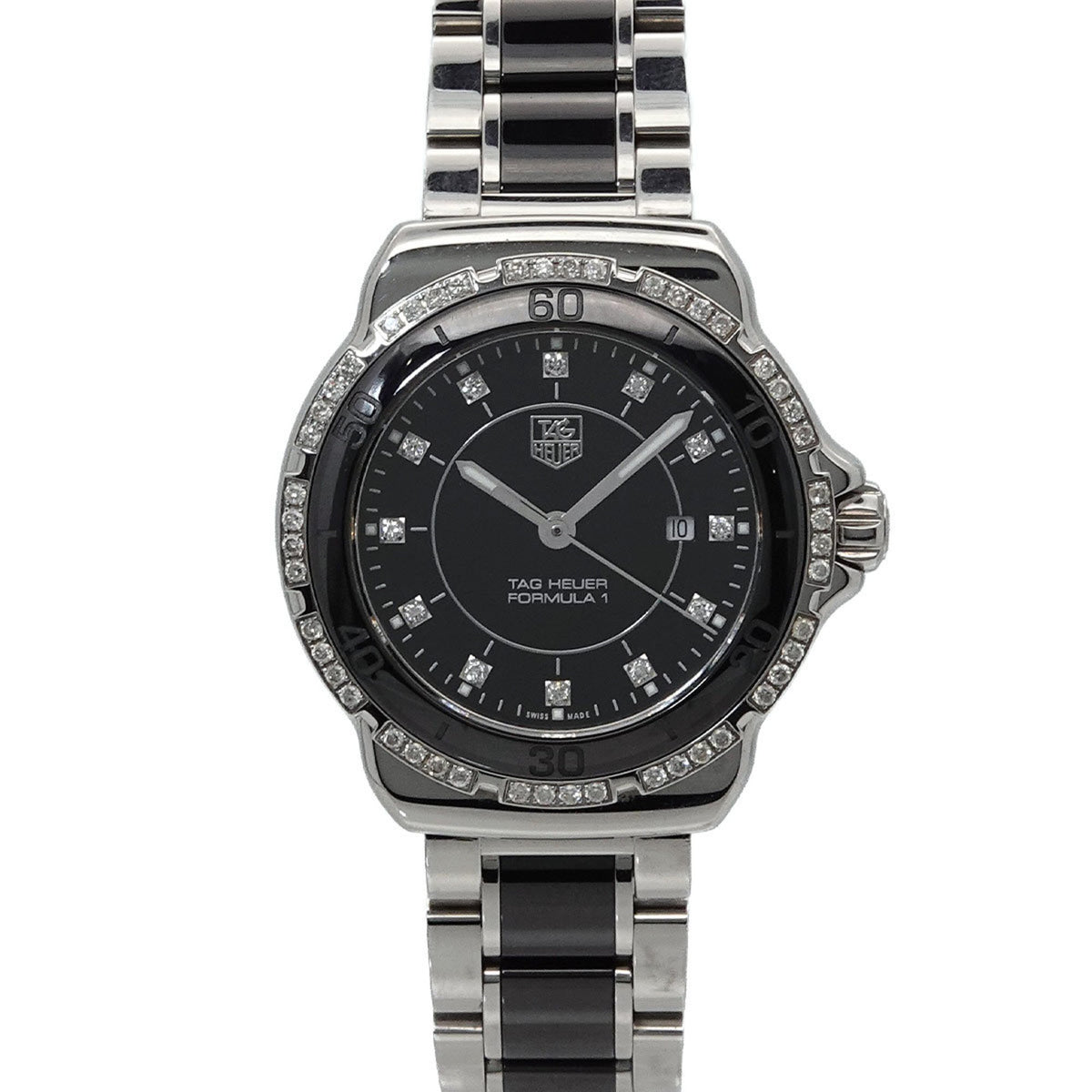 Pre-Owned TAG Heuer Formula 1 WAH1312 12P Diamond Bezel Women's Watch with Date Display, Black Ceramic Quartz Movement