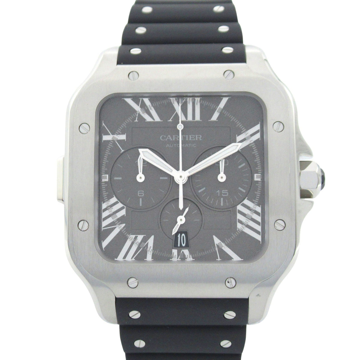 Pre-Owned Cartier Santos de Chronograph XL Men's Watch in Stainless Steel with Rubber Strap, Gray (WSSA0078)