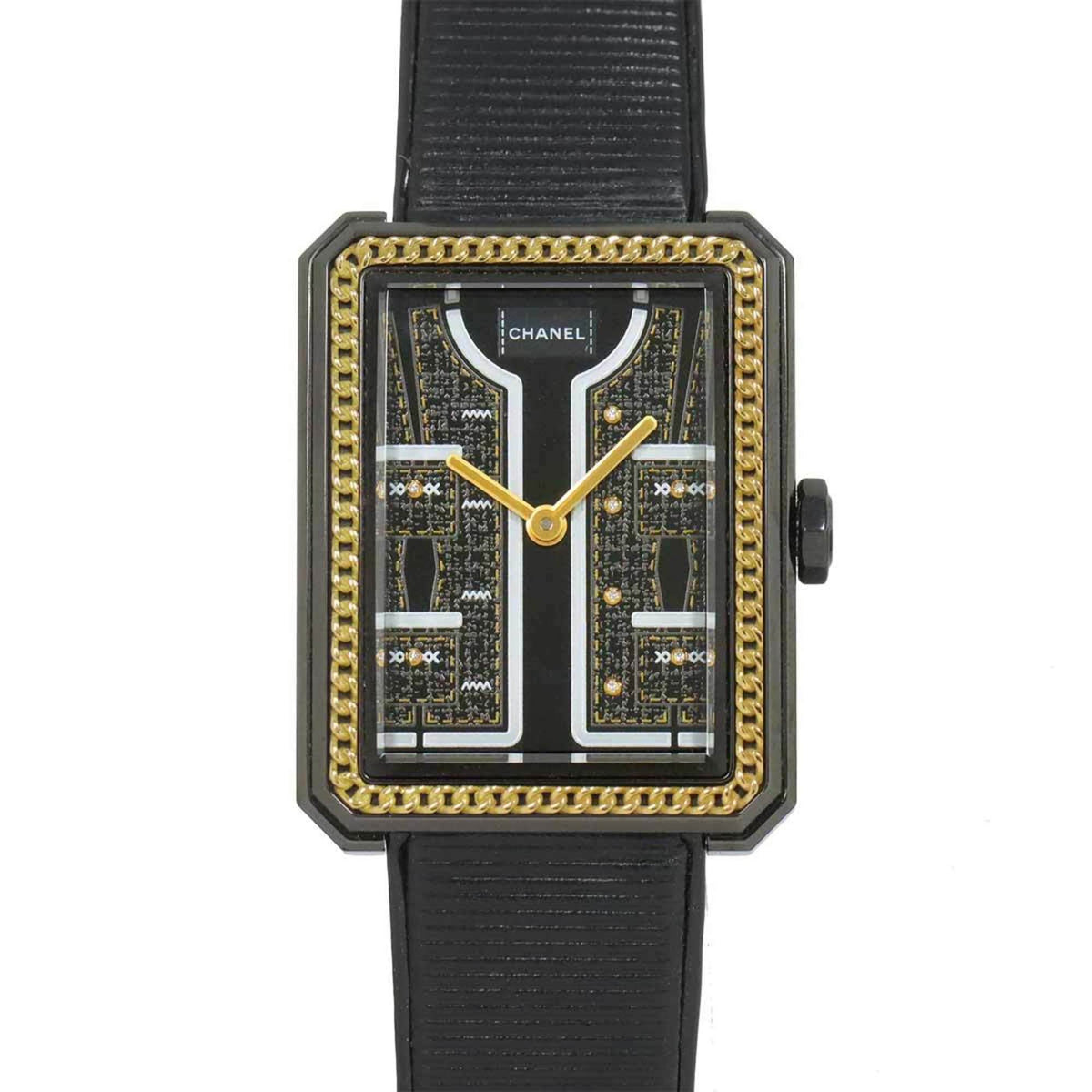 Pre-Owned CHANEL Boy Friend Couture Two-tone Watch H9834 Women's with 8 Diamonds and Black 18K White Gold Quartz Movement