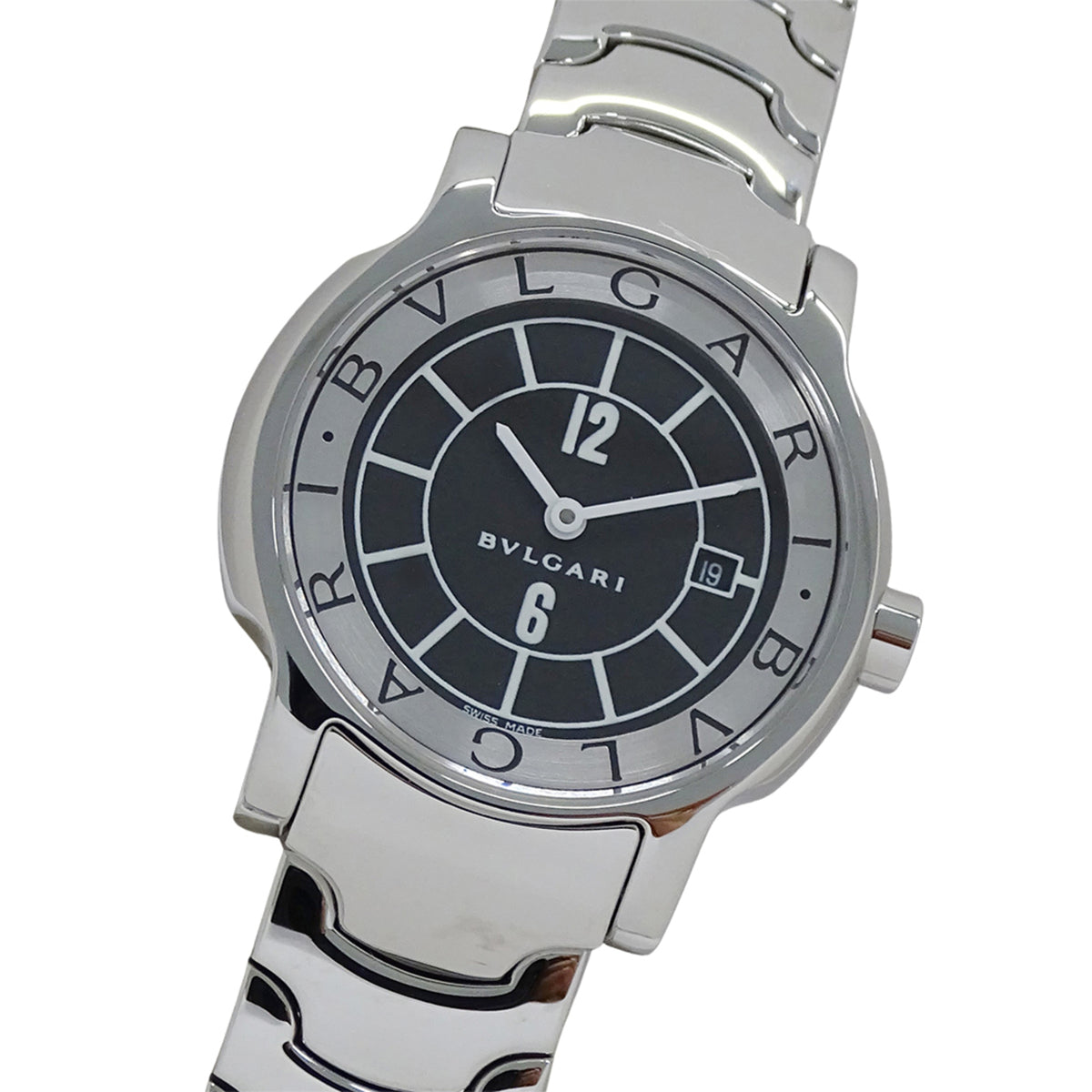 Pre-Owned Bvlgari Solotempo Women's Watch with Date, Quartz Movement, Stainless Steel, ST29S, Silver/Black, Polished