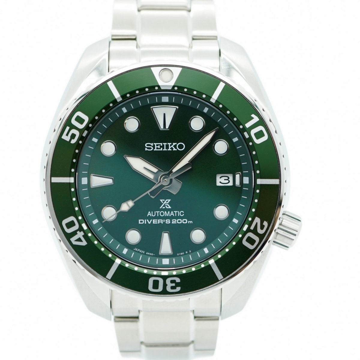 Gebrauchte Seiko Prospex 6R35-00A0 Herrenuhr mit grünem Zifferblatt 