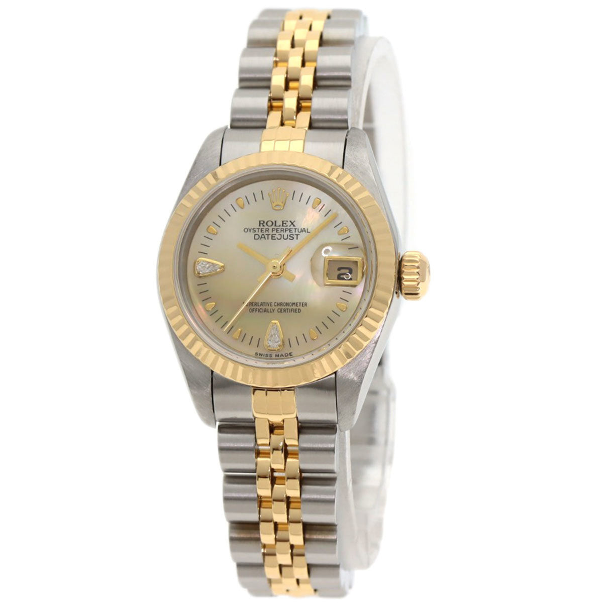 Pre-Owned Rolex 79173N2BR Datejust Yellow Shell with Two Diamonds, Stainless Steel Watch, 18K Gold, Women's