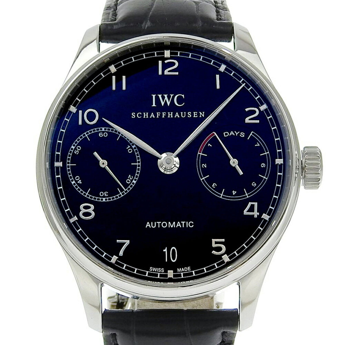 Gebrauchte IWC Schaffhausen Portugieser 7 Tage Uhr IW500109 Edelstahl x Leder Automatik Gangreserve Schwarzes Zifferblatt Herren 