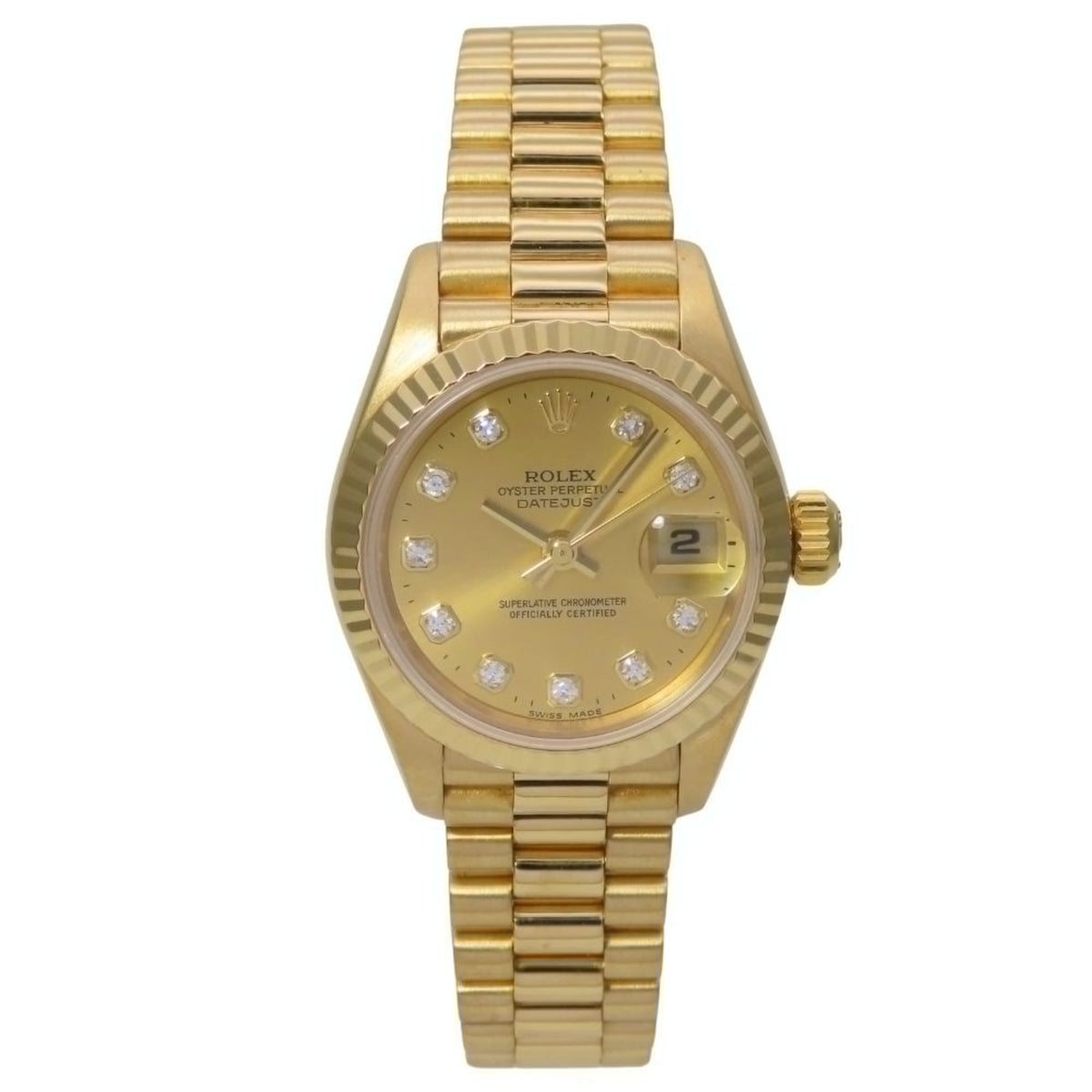Gebrauchte Rolex Datejust 69138, 18 Karat Gelbgold, ca. 73,5 g, mit champagnergoldenem Zifferblatt, T-Nummer, 10PD, für Damen. 