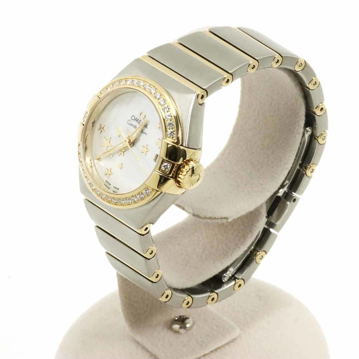 Pre-Owned Omega Constellation Co-Axial Combination 123 25 27 20 05 001 Ladies' Watch, Diamond Bezel, Date Display, White Mother-of-Pearl, 18K Yellow Gold, Automatic Movement.