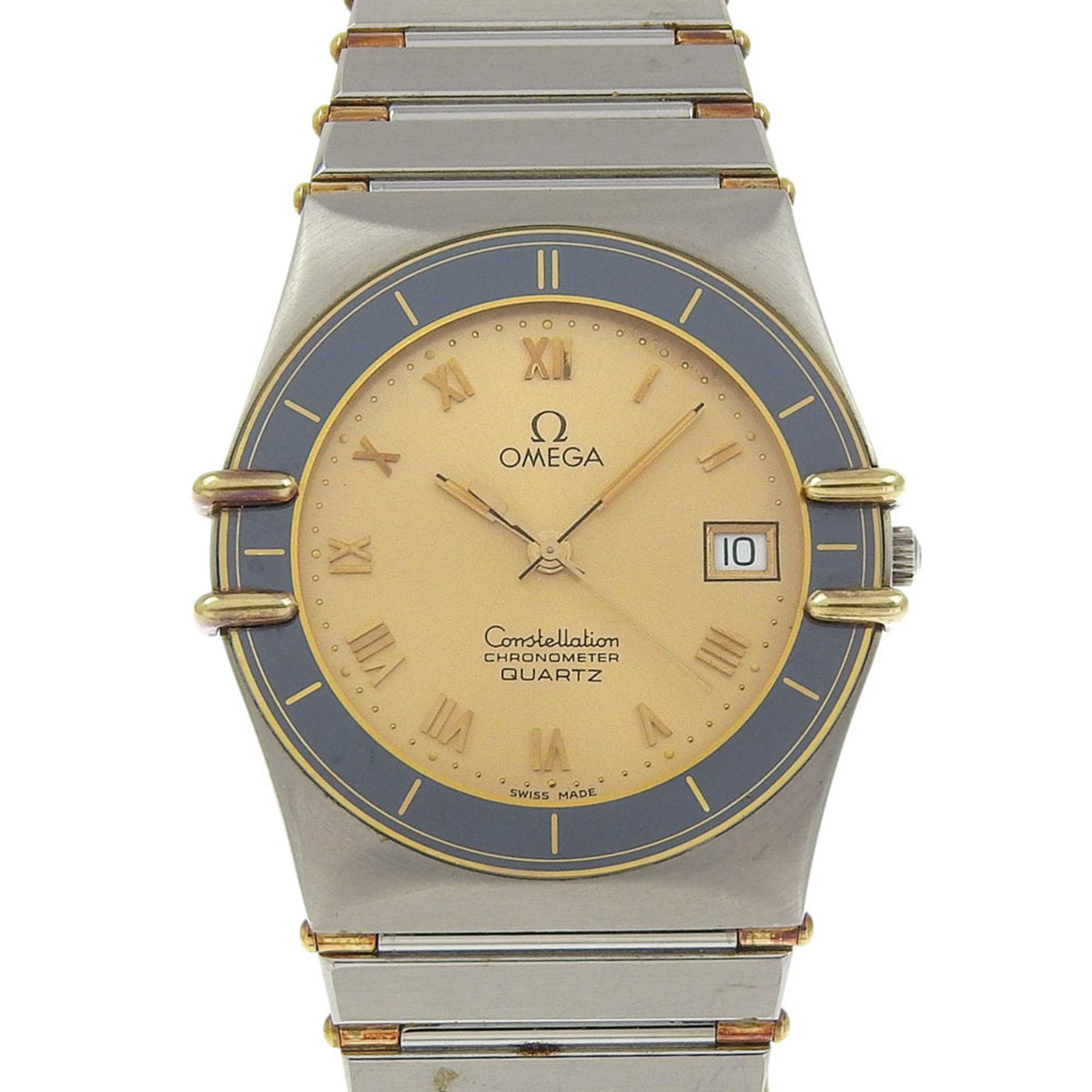 Gebrauchte OMEGA Constellation Damenuhr, Edelstahl, Quarzwerk, Analoganzeige, goldenes Zifferblatt 