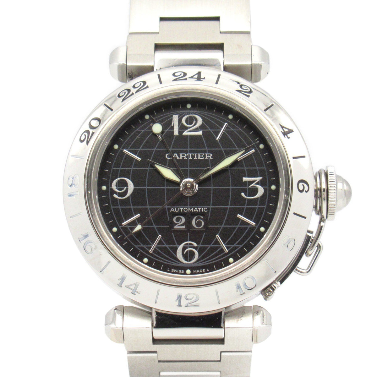 Gebrauchte Cartier Pasha C Meridian GMT Uhr Edelstahl Jungen Schwarz W31049M7 