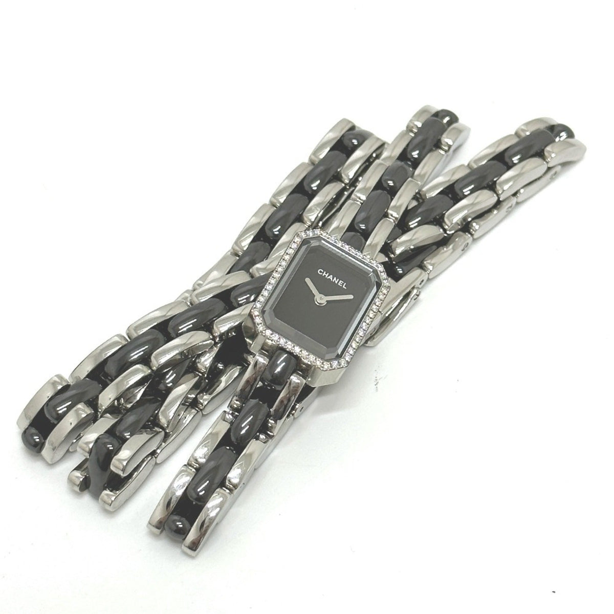 Pre-Owned CHANEL Premiere Triple Bracelet Watch H3058 with Diamond Bezel, Stainless Steel/Ceramic, Black