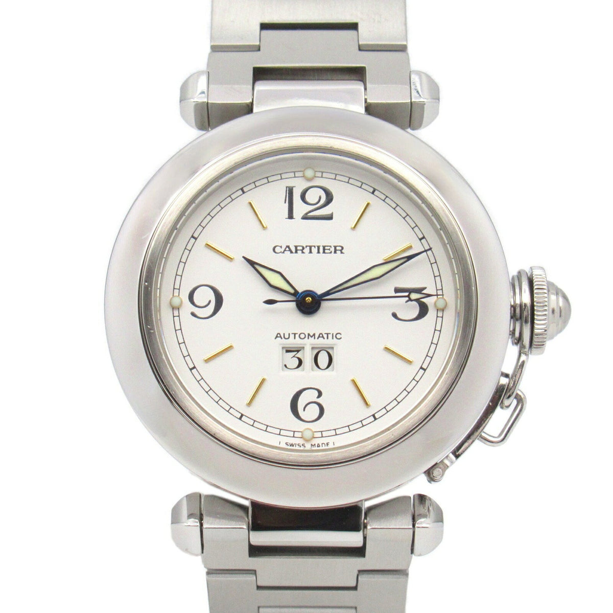 Gebrauchte Cartier Pasha C Big Date Uhr Edelstahl Jungen Weiß W31044M7 