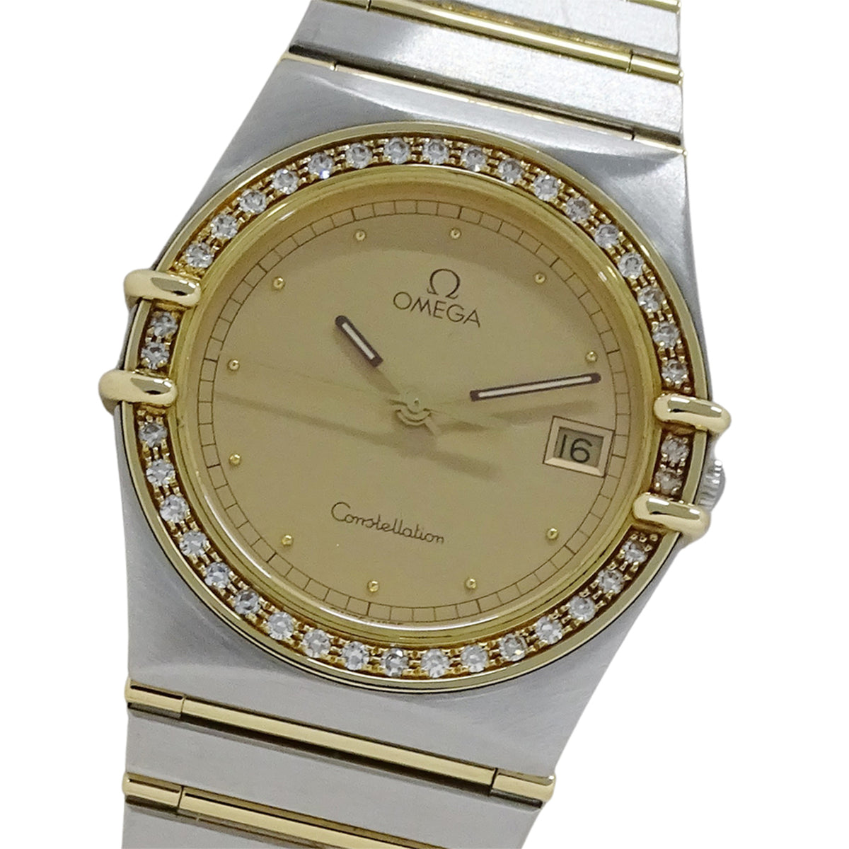 Pre-Owned OMEGA Constellation Men's Watch with Diamonds, Date Display, Quartz Movement, QZ Stainless Steel, Gold and Yellow Gold, Full Bar, Polished