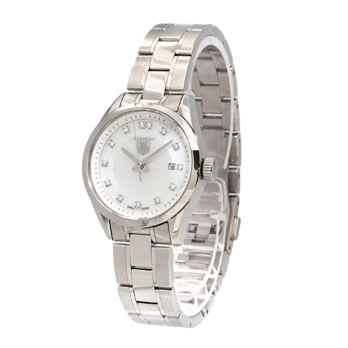 Gebrauchte TAG Heuer Carrera WV1411 Damenuhr 13P Diamant Datum Weißes Muschelquarz 