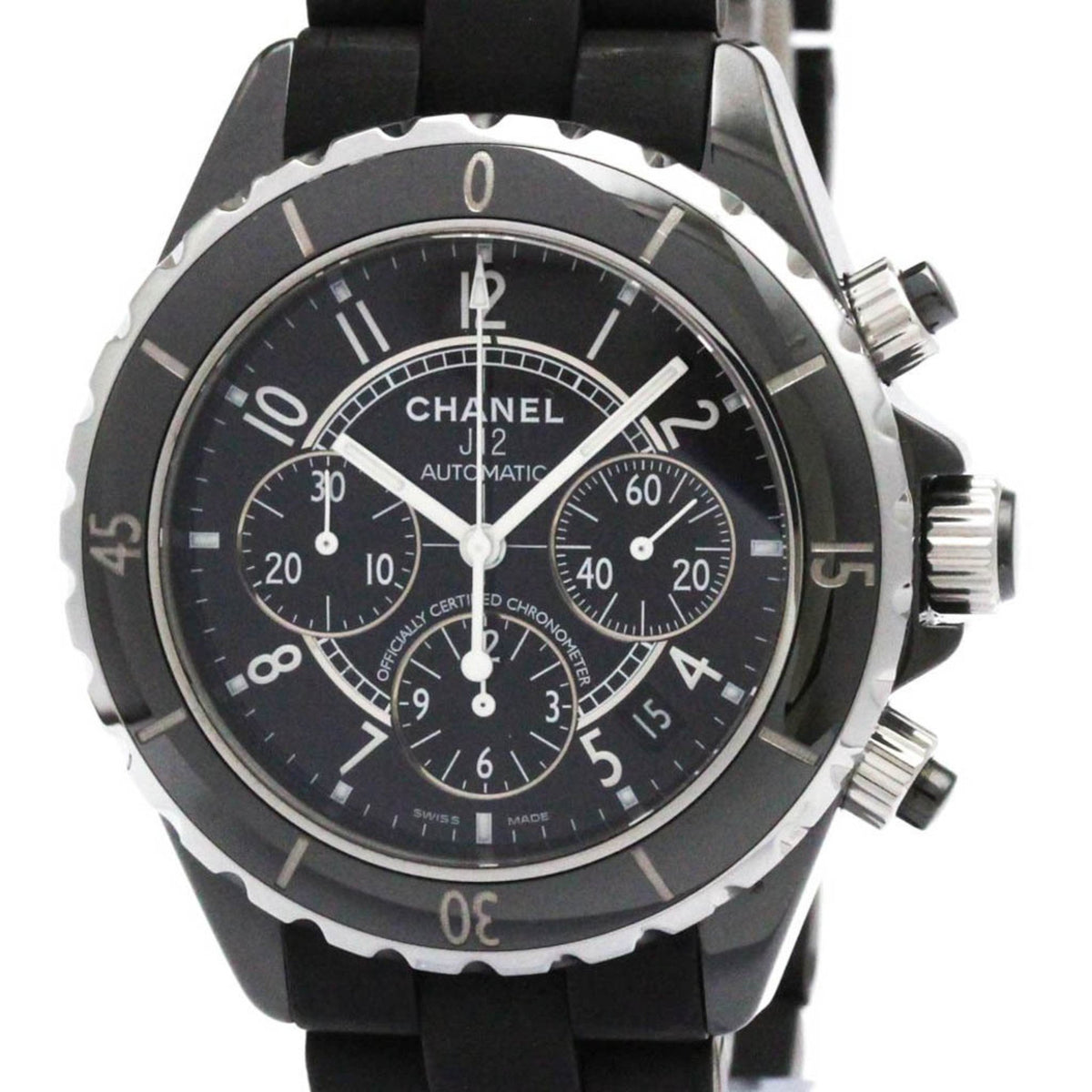 Pre-Owned CHANEL J12 Chronograph Ceramic Rubber Automatic Watch H0939 Polished