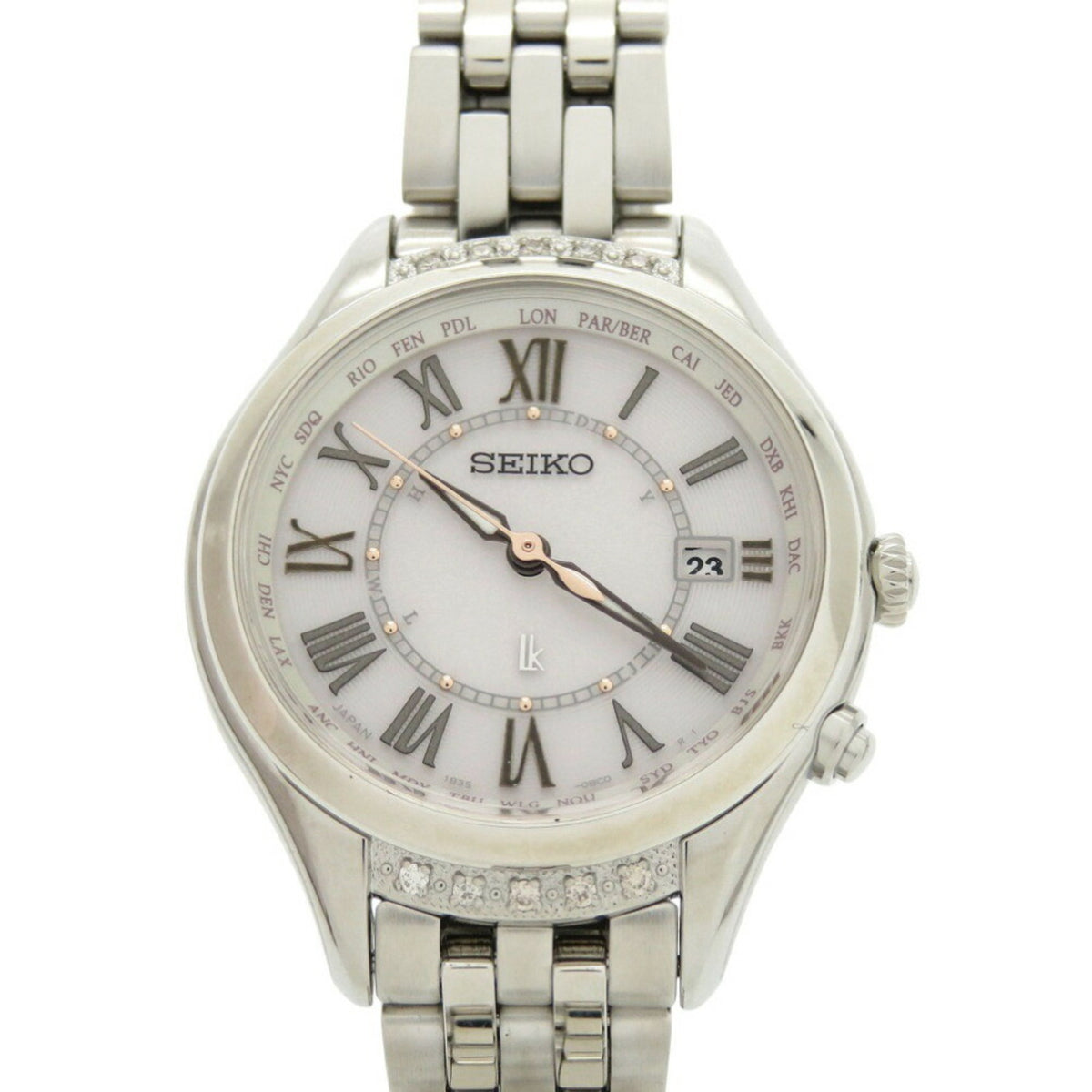 Gebrauchte, unbenutzte Seiko Lucia SSVV053 SS Mocha Pink Solar Radio Armbanduhr Silber 0040SEIKO 