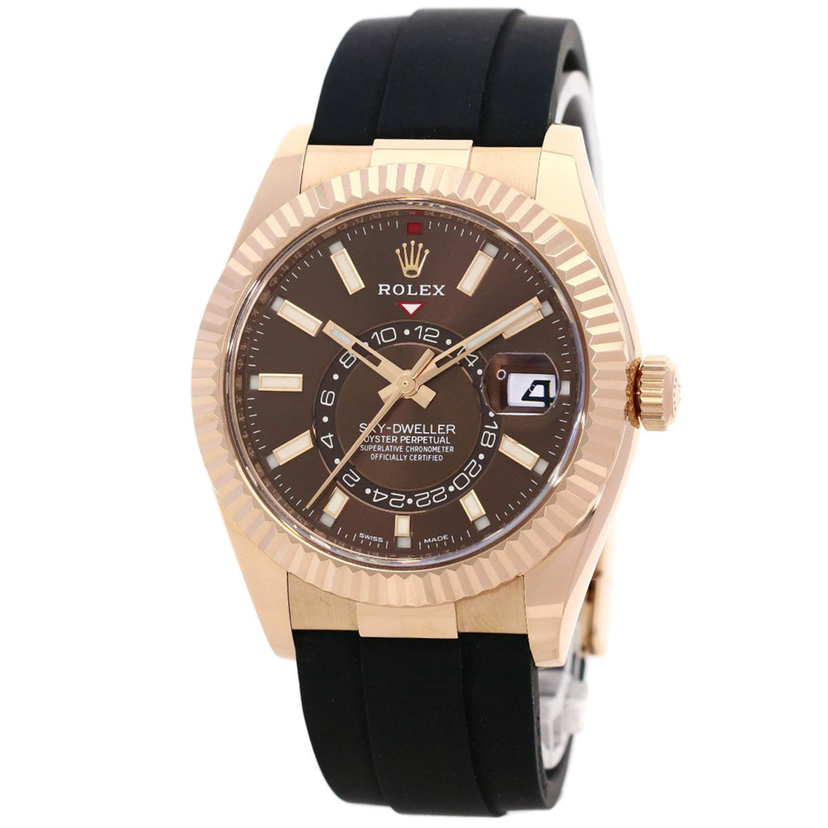Pre-Owned Rolex Sky-Dweller 326235 Chocolate Brown Watch in 18K Pink Gold, Rubber, and Everose Gold for Men
