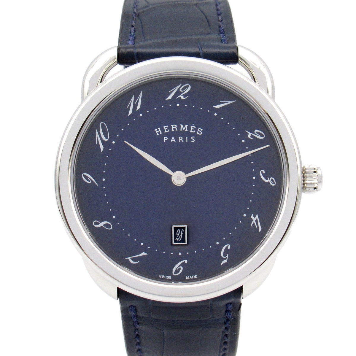 Gebrauchte Hermes HERMES Arceau Armbanduhr Edelstahl Leder Herren Blau AR7Q.810 