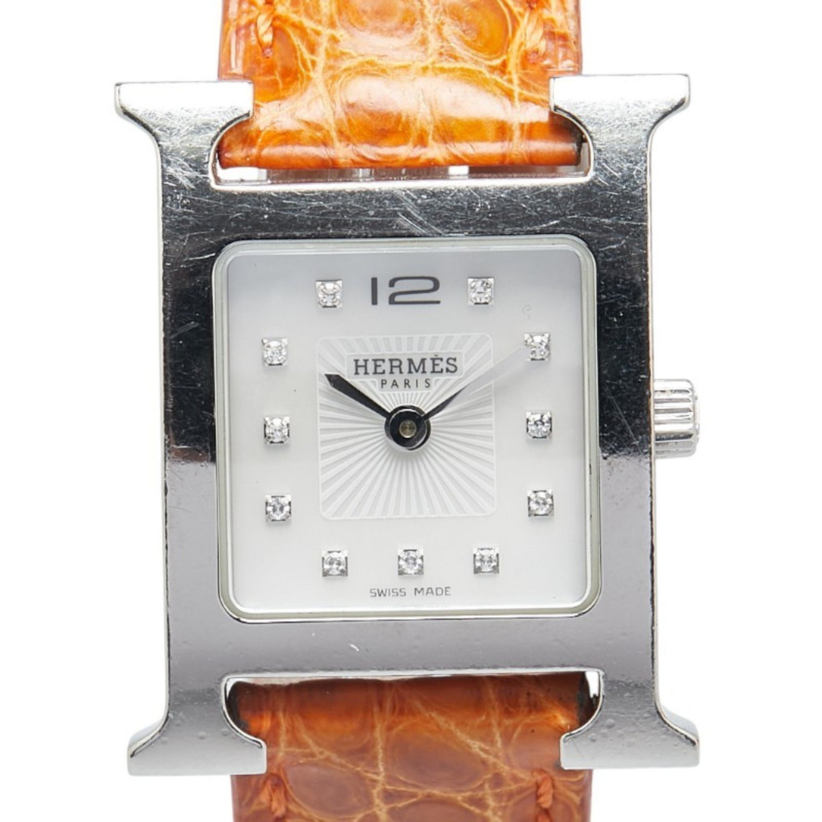 Gebrauchte Hermes H Uhr 11P Diamant Armbanduhr HH1.210 Quarz Silber Zifferblatt Edelstahl Leder Damen HERMES 