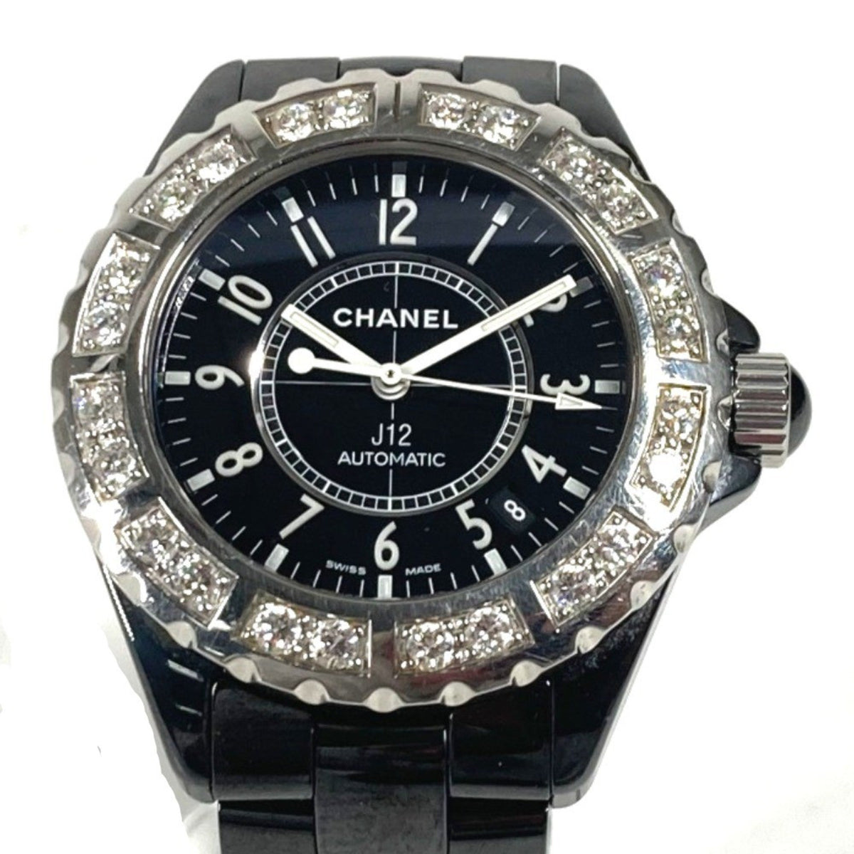 Gebrauchte CHANEL H1174 J12 Diamantlünette Uhr Herren Keramik SS Schwarz 