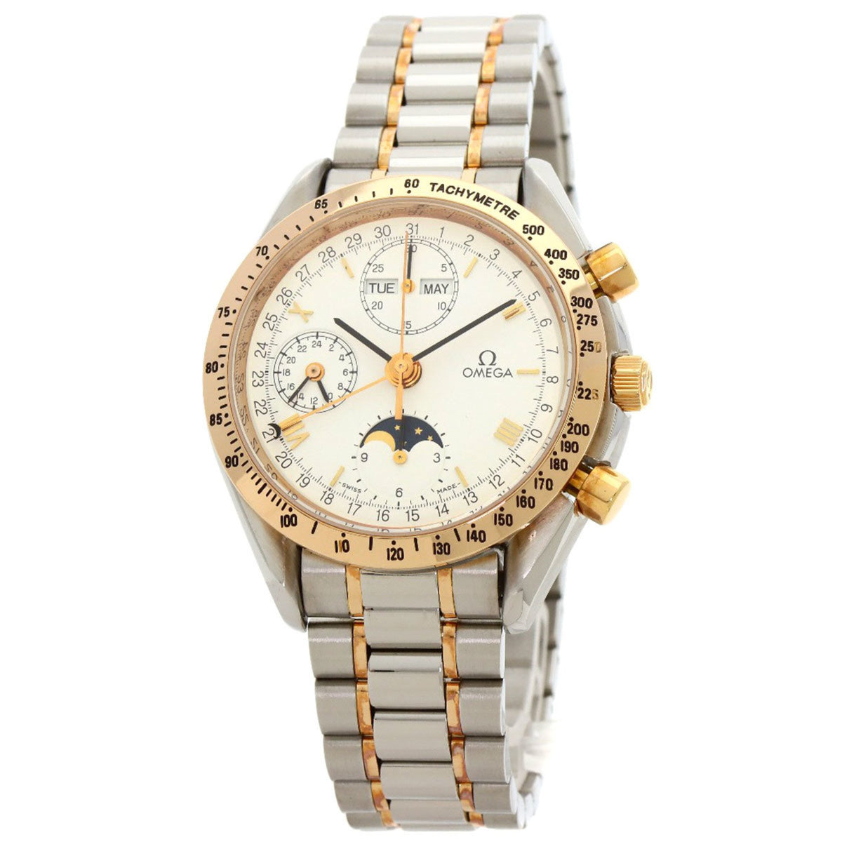 Gebrauchte Omega 3336.20 Speedmaster Triple Calendar Moon Phase Uhr Edelstahl SSxK18PG K18PG Herren 