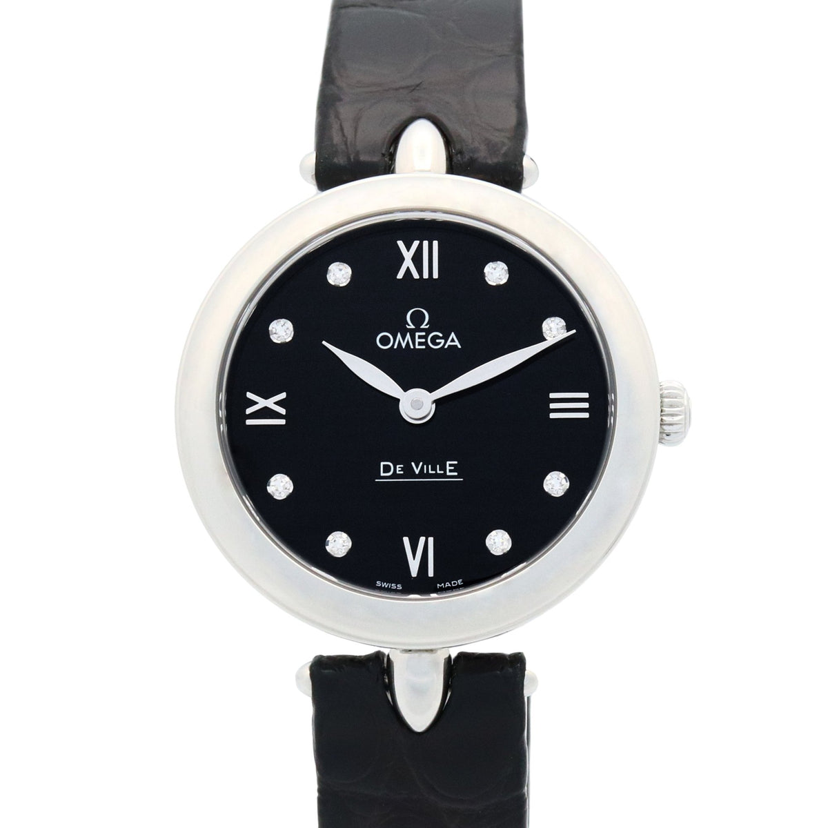 Pre-Owned OMEGA De Ville Prestige Watch, Diamond, Stainless Steel, Leather, Women's, Black, 424.13.27.60.51.001