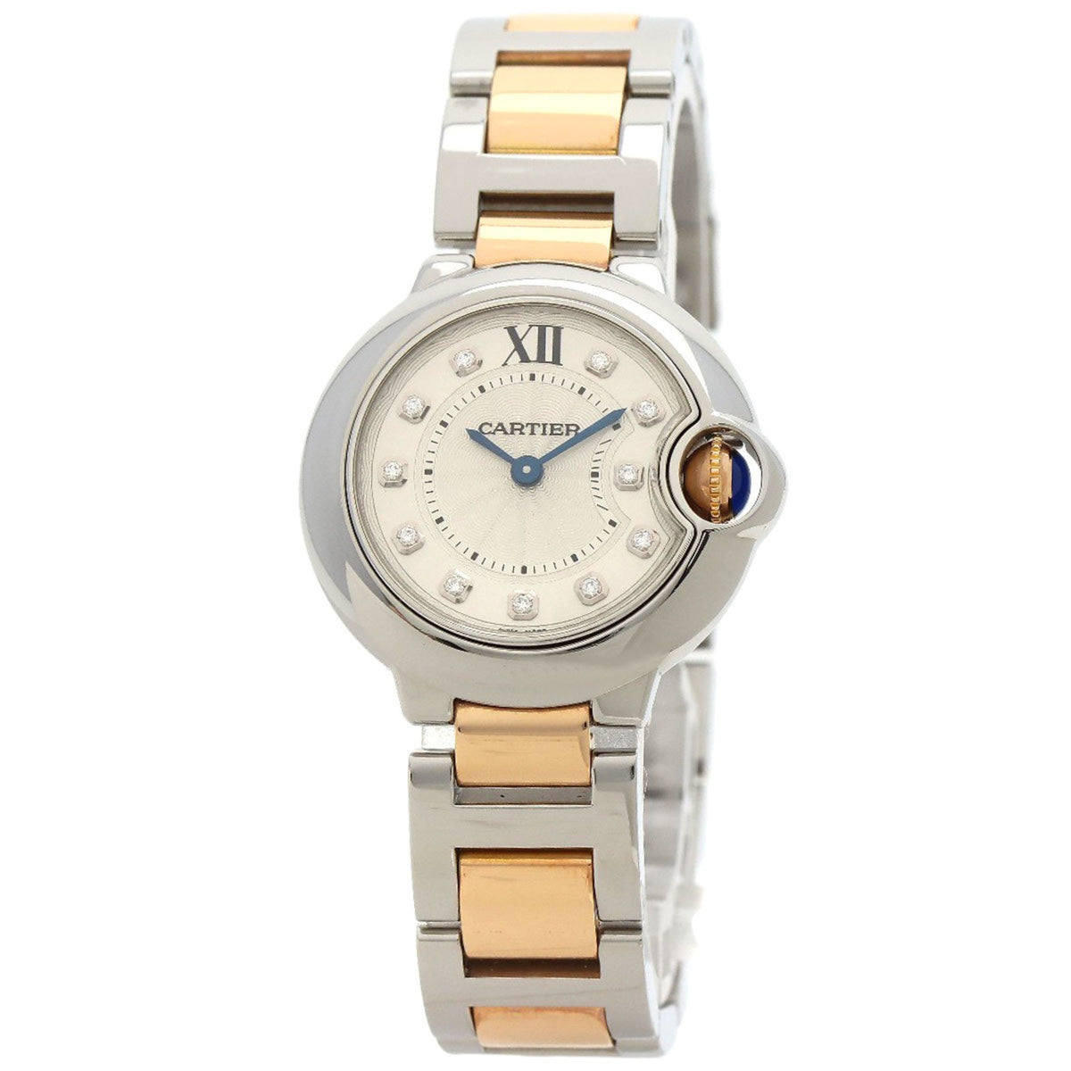 Gebrauchte Cartier WE902030 Ballon Bleu 28 mm 11-teilige Diamantuhr aus Edelstahl (SSxK18PG) für Damen 